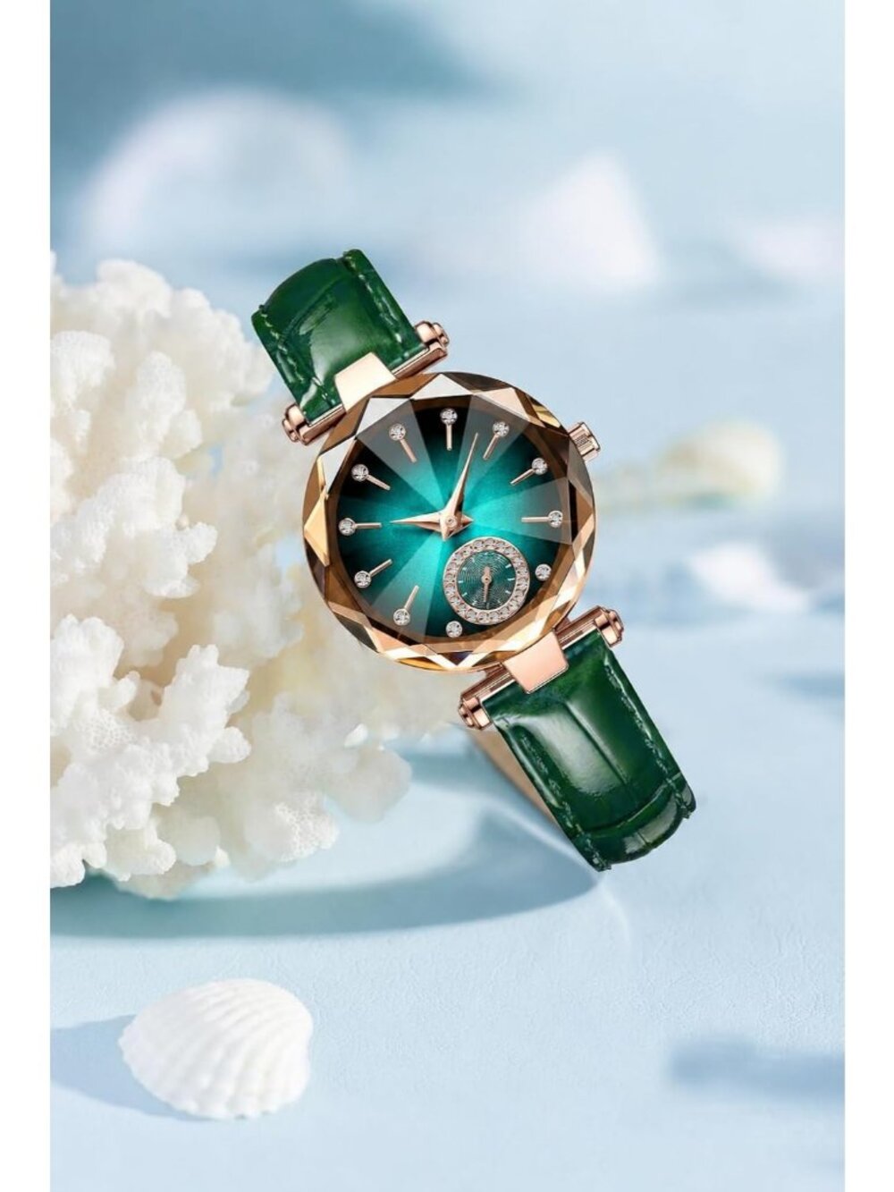 Women's Green Crystal Accents Dainty Dress Leather Strap Fashion Quartz Watches - Picture 6 of 6